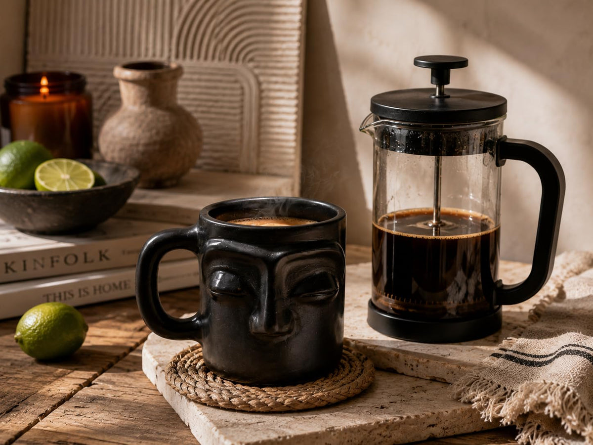 Black Clay Decorative Mug with Sculpted Face Design