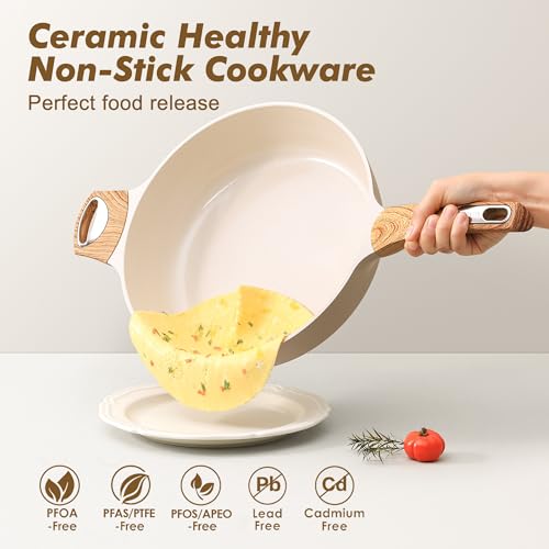 SENSARTE Ceramic Nonstick Frying Pan Skillet with Lid, Large Deep Frying Pan, Saute Pan, Induction Pan, Healthy Non Toxic Cooking Pan with Helper Handle, PFOA PFAS PTFE PFOS Free