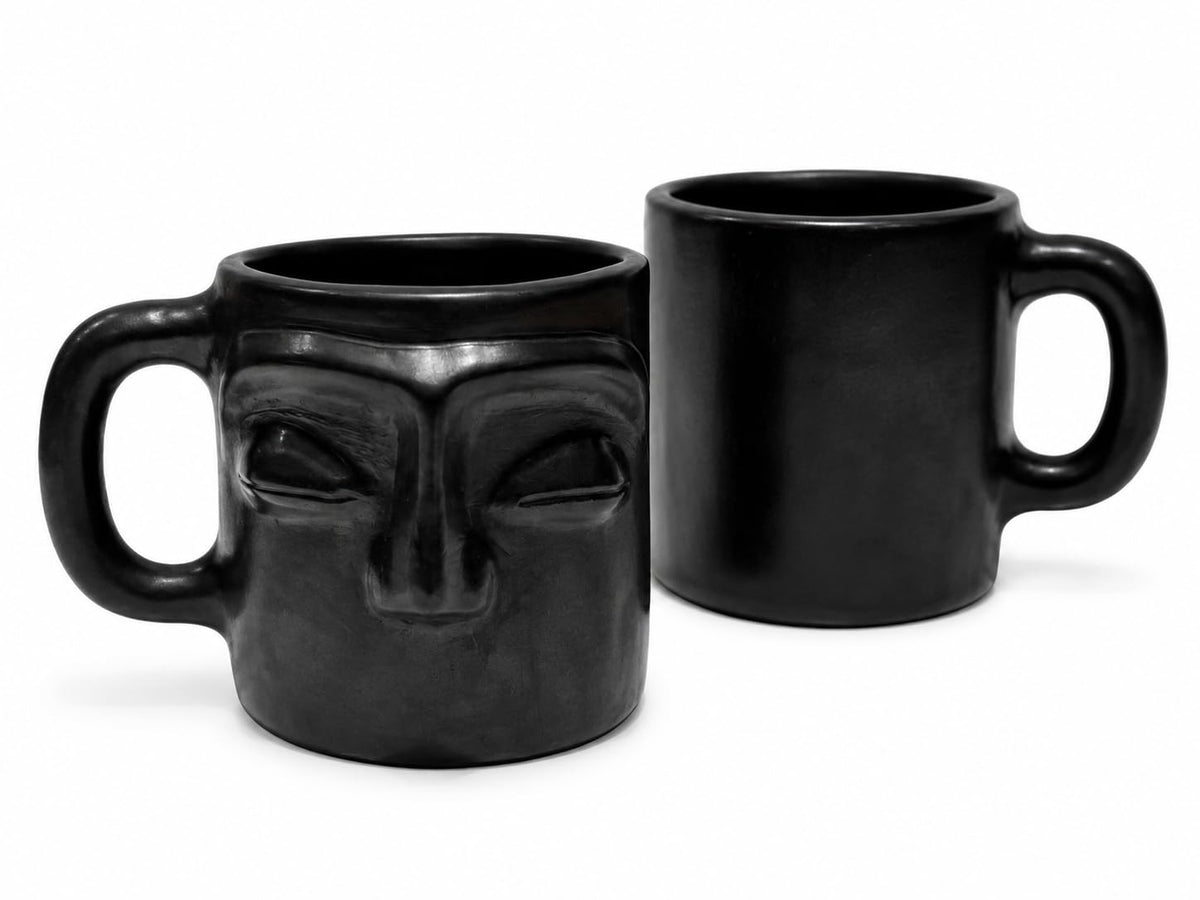 Black Clay Decorative Mug with Sculpted Face Design