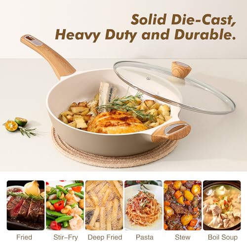 SENSARTE Ceramic Nonstick Frying Pan Skillet with Lid, Large Deep Frying Pan, Saute Pan, Induction Pan, Healthy Non Toxic Cooking Pan with Helper Handle, PFOA PFAS PTFE PFOS Free