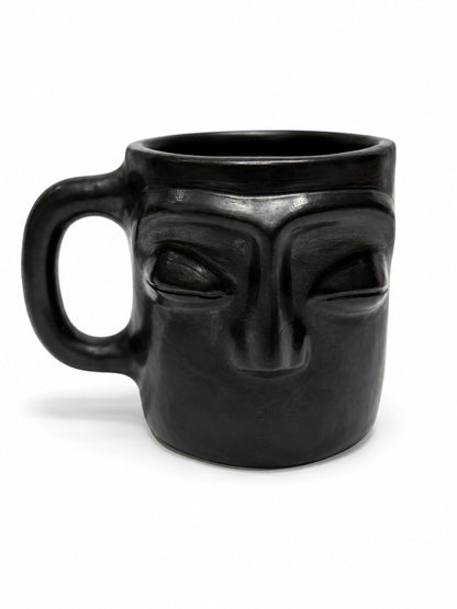 Black Clay Decorative Mug with Sculpted Face Design