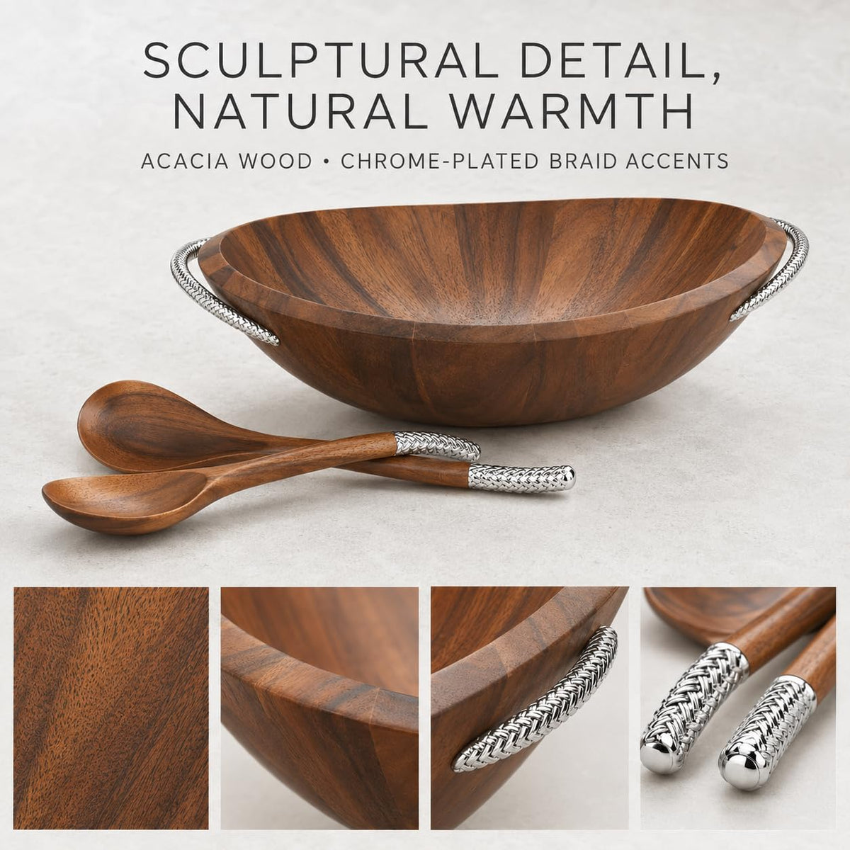 Acacia Wood Salad Bowl with Servers - 3 Piece